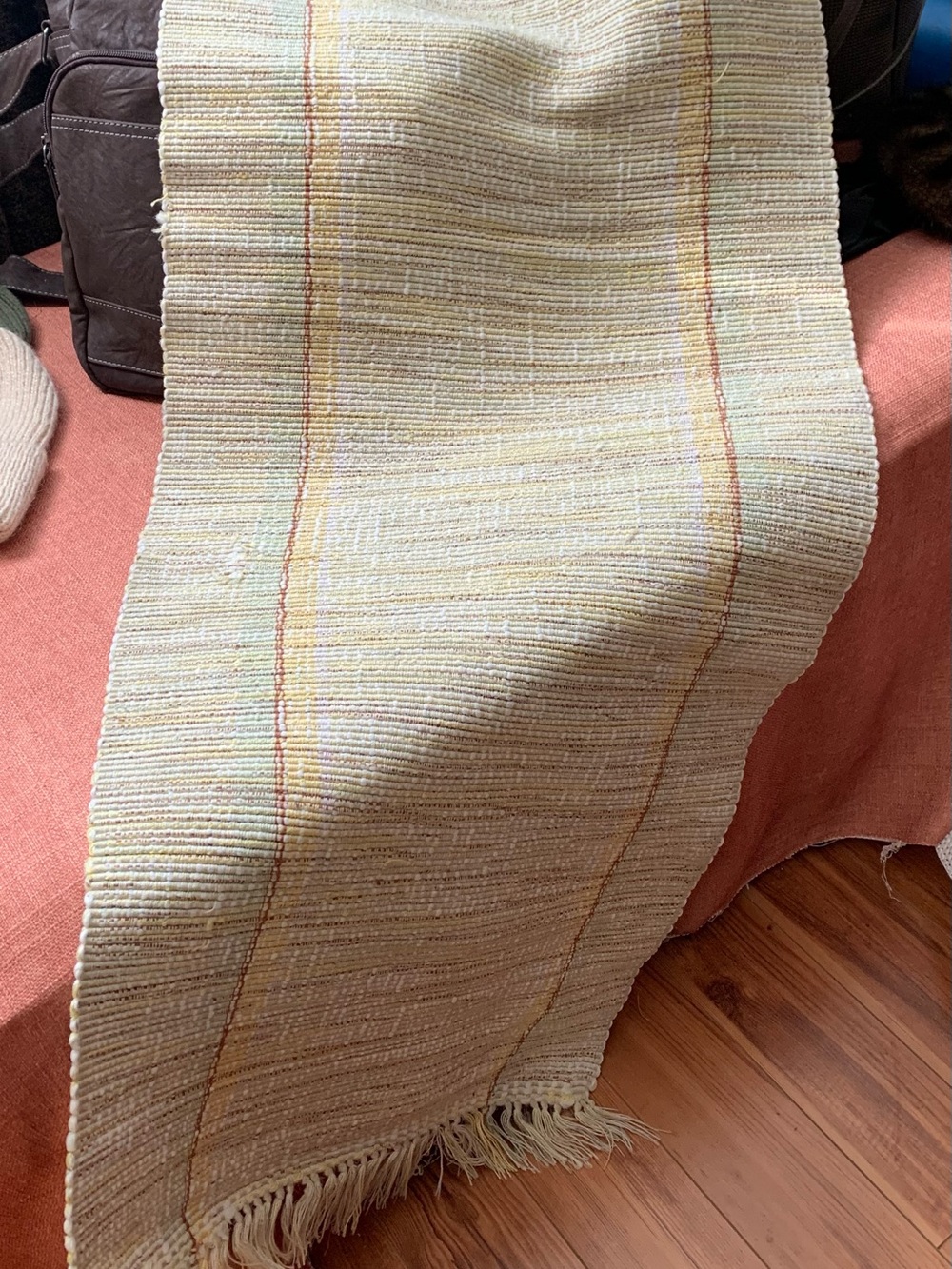Handwoven Cream/moss green & yellow Stripe Table Runner with Fringe